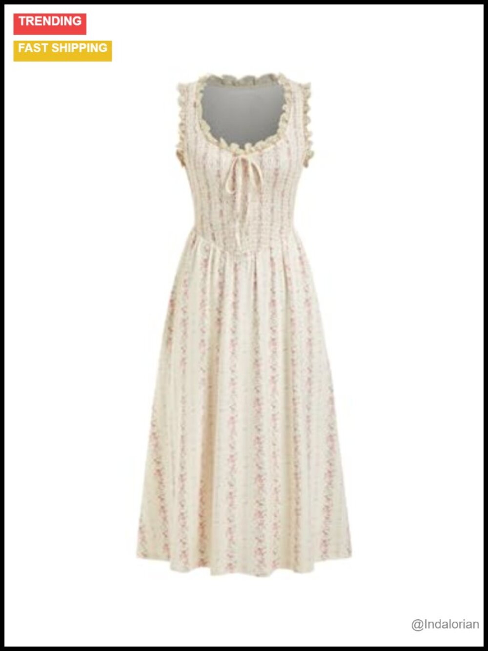 Smocked Floral Midi A-Line Dress Lace Square Neck Sleeveless Sundress Wedding